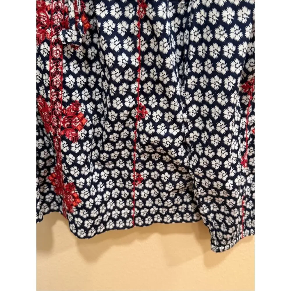 J. Crew Navy Floral Peasant Blouse with Red and White Motif Floral 2